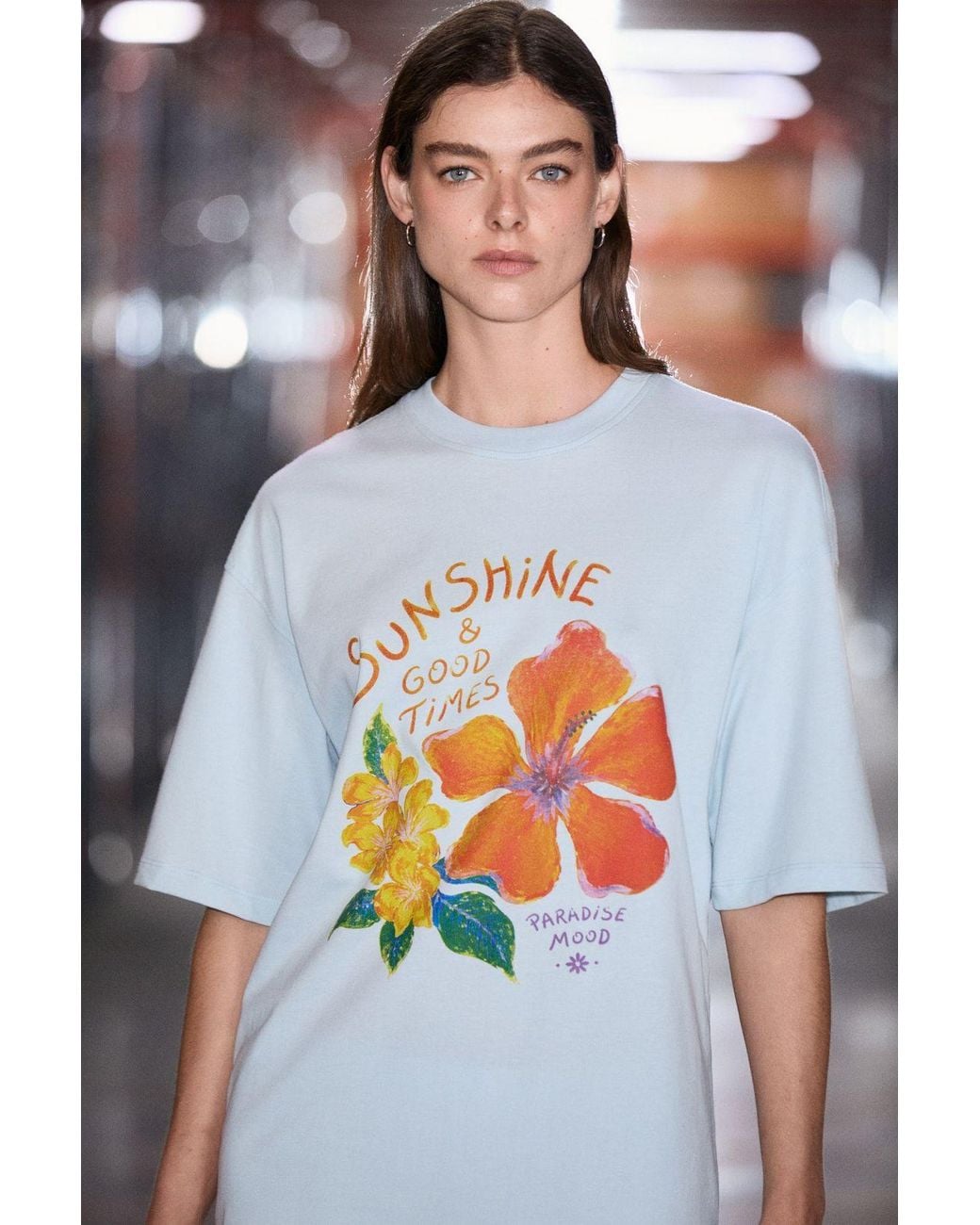 Grimelange Gray Oversized Printed Crew Neck T-Shirt