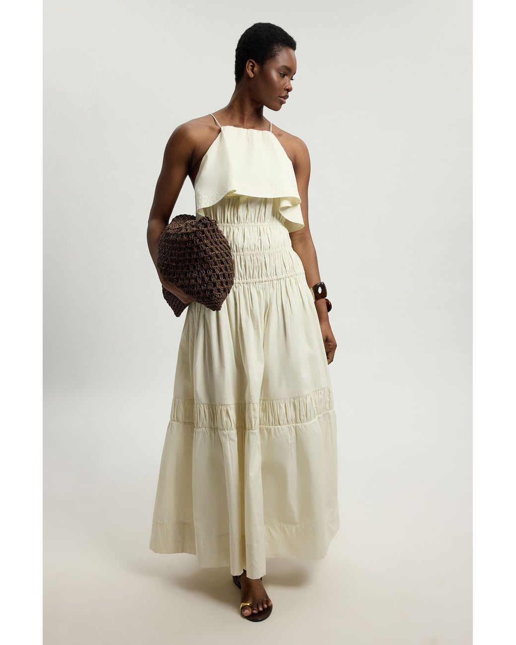 Karen Millen Natural Ruffle Front Cotton Poplin Halterneck Midi Dress
