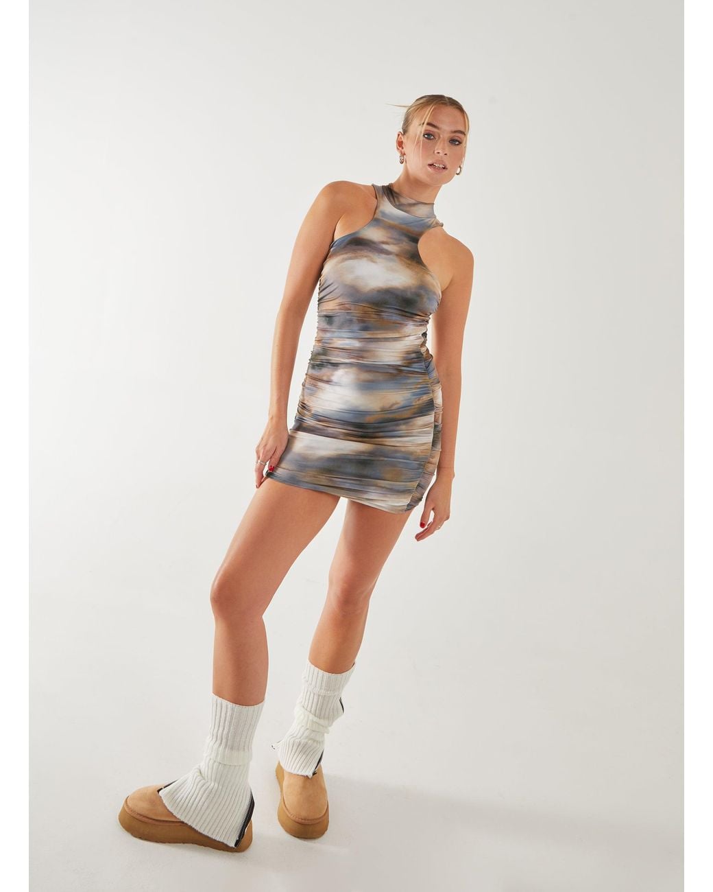 Pink Vanilla White Printed Galaxy Scooped Racer Mini Dress