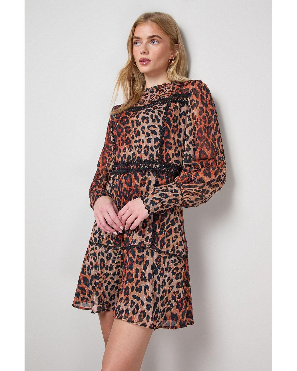 Oasis Multicolor Printed Lace Trim Long Sleeve Flippy Mini Dress