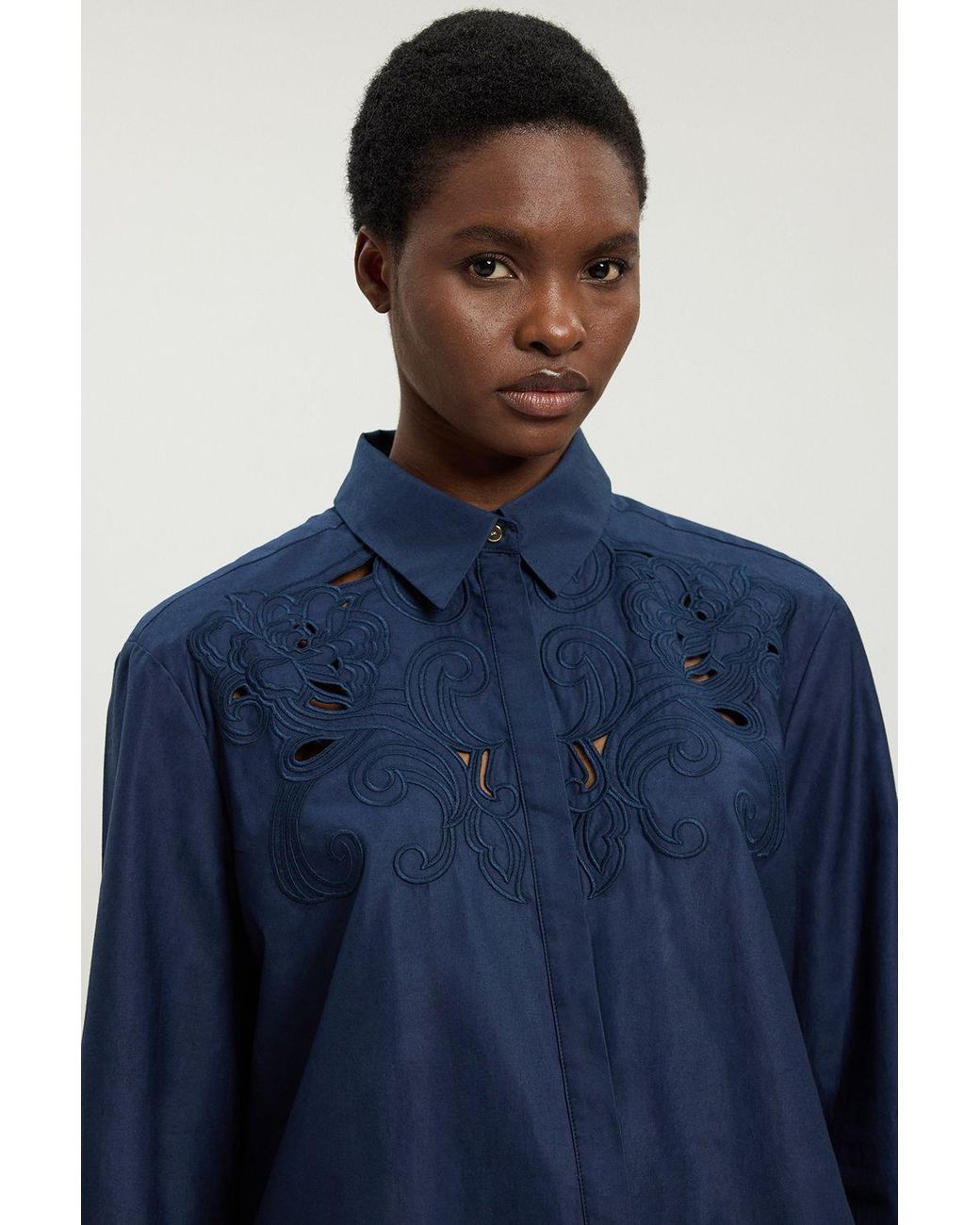Karen Millen Blue Cotton Poplin Cutwork Shirt