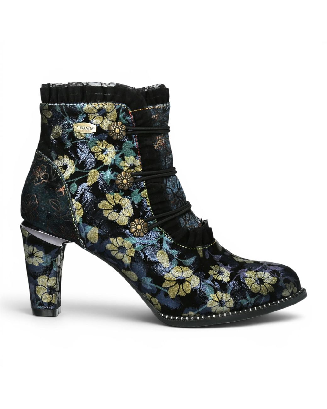LAURA VITA Black Floral Victorian Leather Heel Ankle Boots