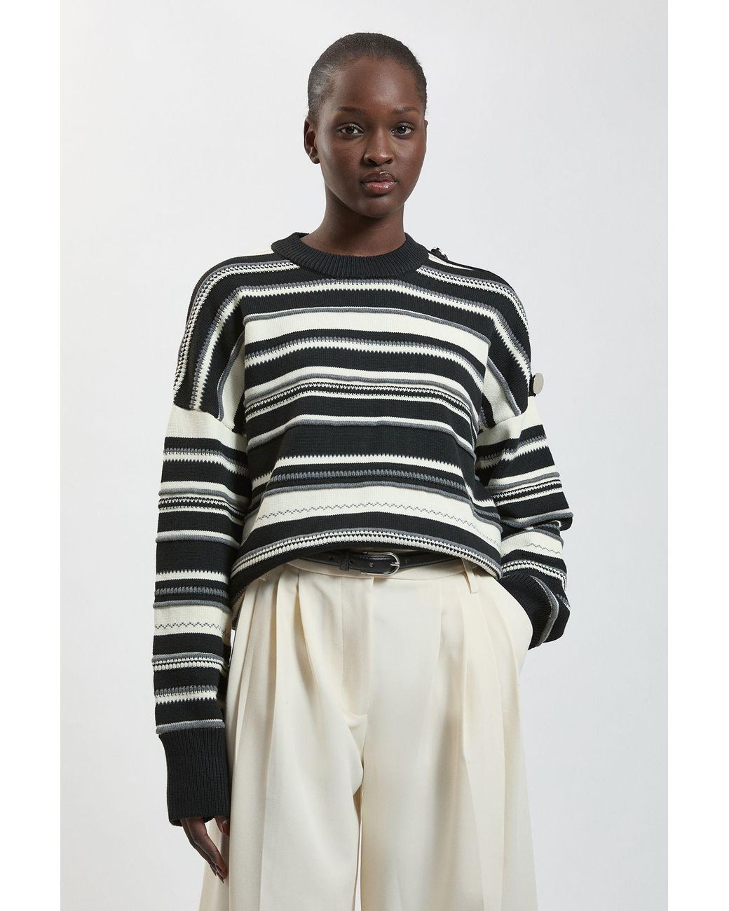 Karen Millen Gray Cotton Stripe Military Button Knitted Jumper
