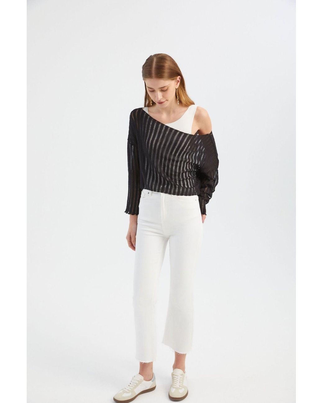 Hiccup Black Striped Mesh Long Sleeve Blouse