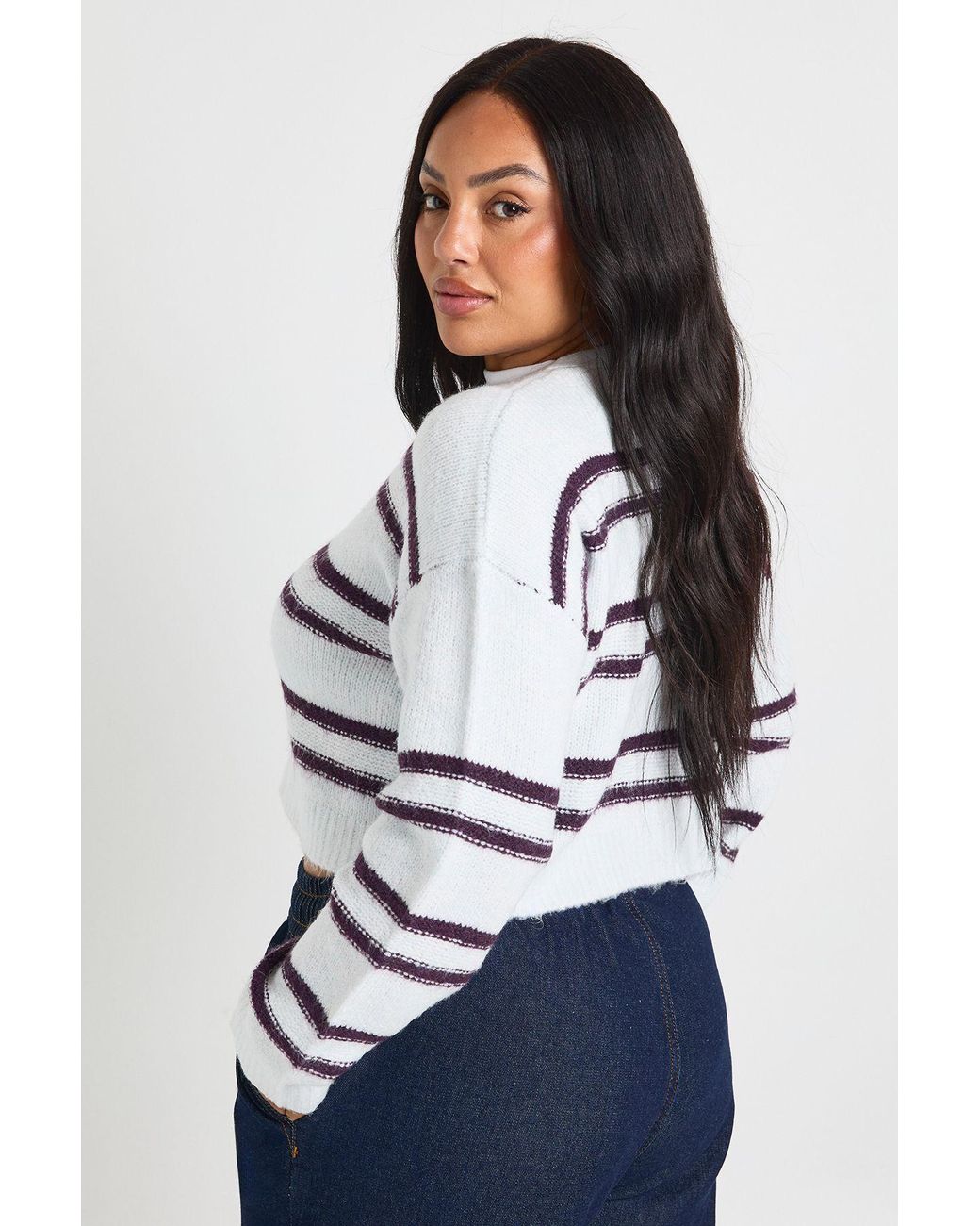Boohoo Blue Plus Stripe Cropped Cardigan