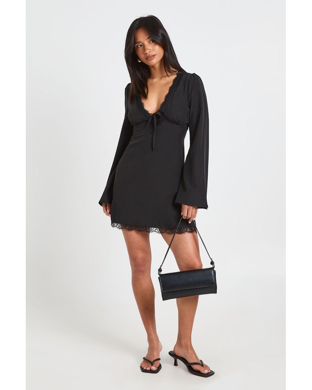 Boohoo Black Petite Flared Sleeve Lace Trim Mini Dress