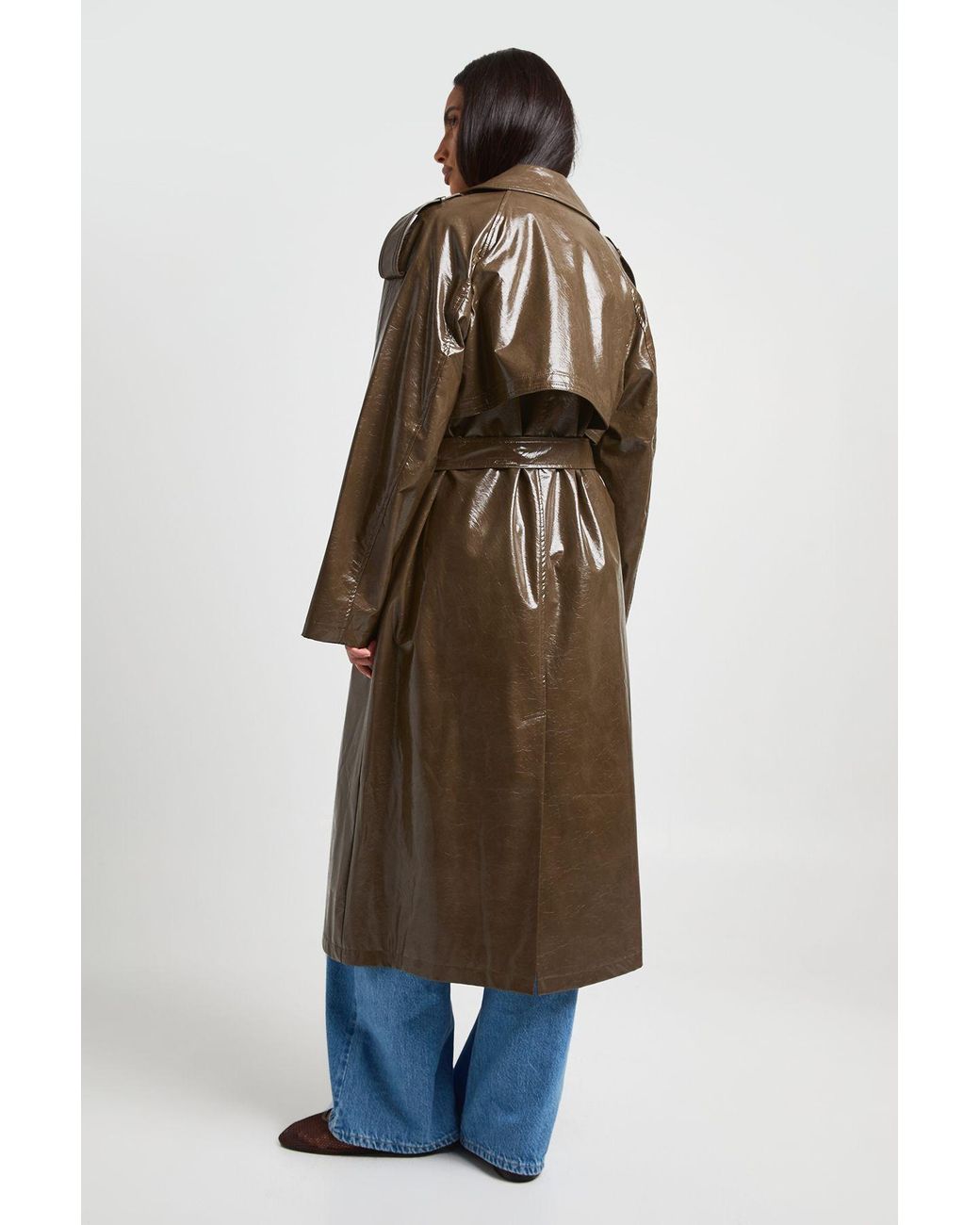 Boohoo Brown Patent Belted Trench Coat