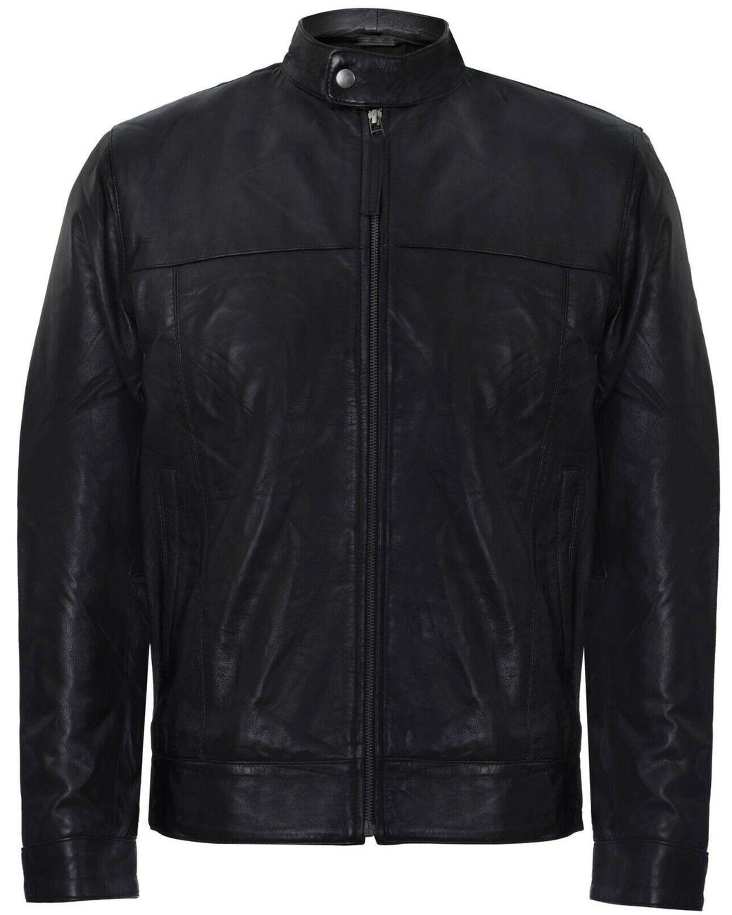 Infinity Leather Blue Mandarin Collar Biker Jacket for men