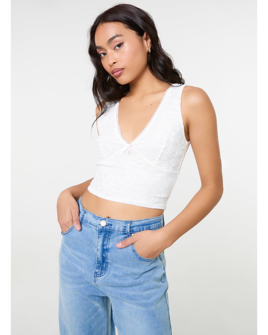 Pink Vanilla Blue V Neck Lace Crop Top