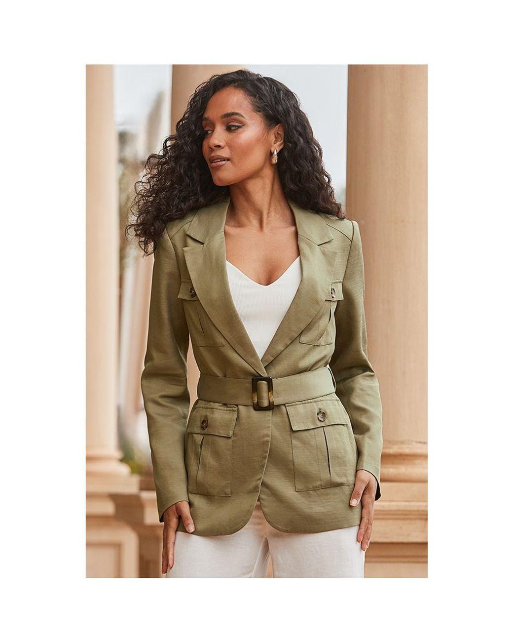 Sosandar Natural Khaki Linen Blend Belted Utility Blazer