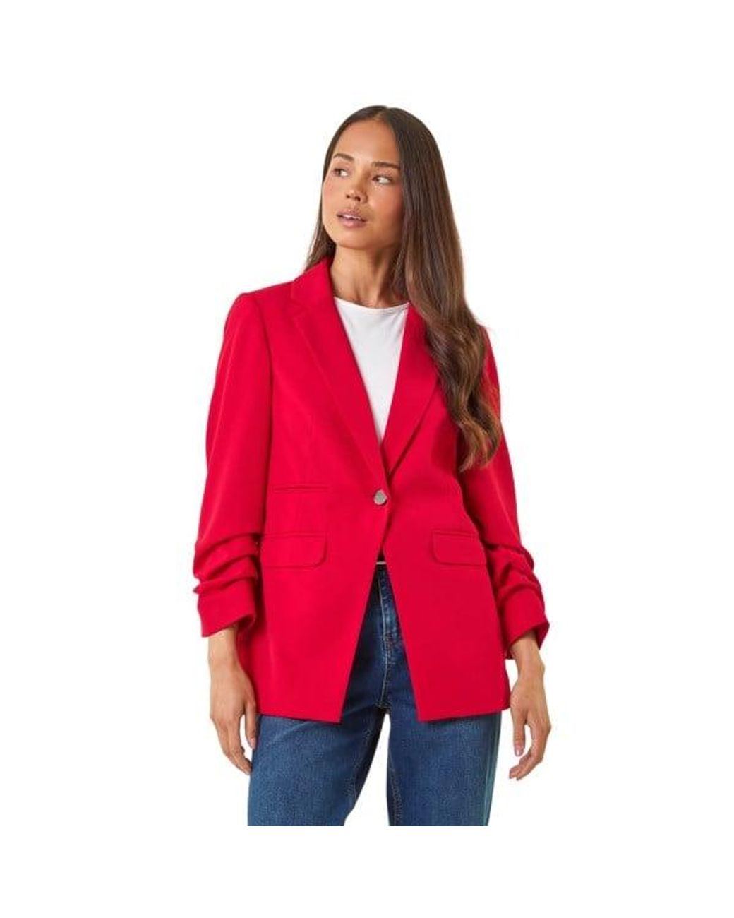 Roman Red Petite Ruched Buttoned Blazer
