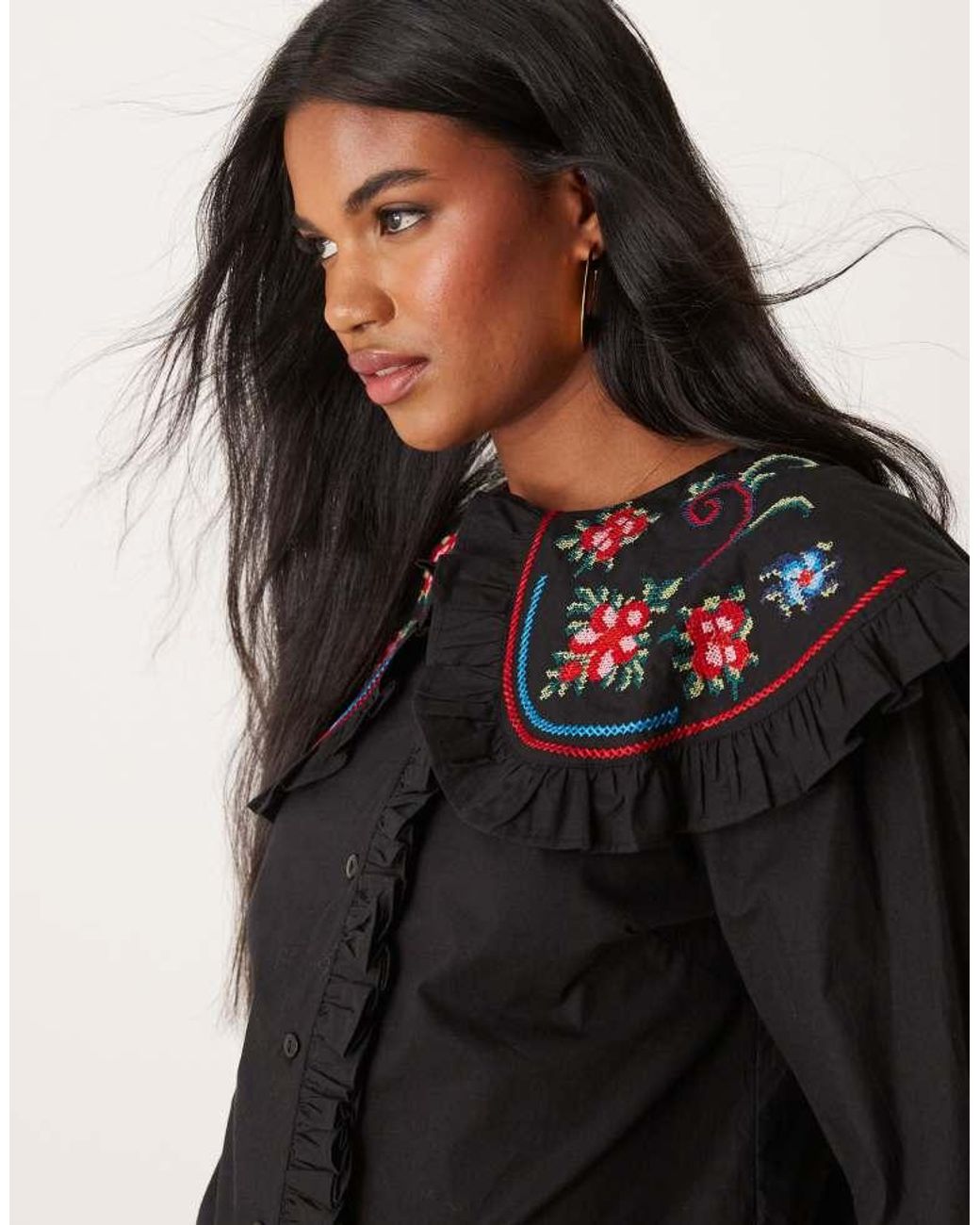 ASOS Blue Shirt With Embroidered Oversized Frill Collar
