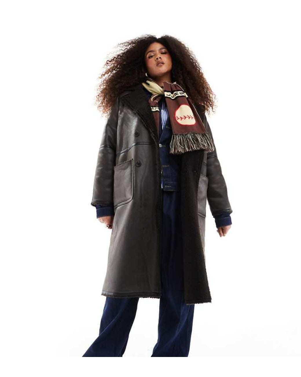 ASOS Black Design Longline Shearling Jacket With Contrast Binding