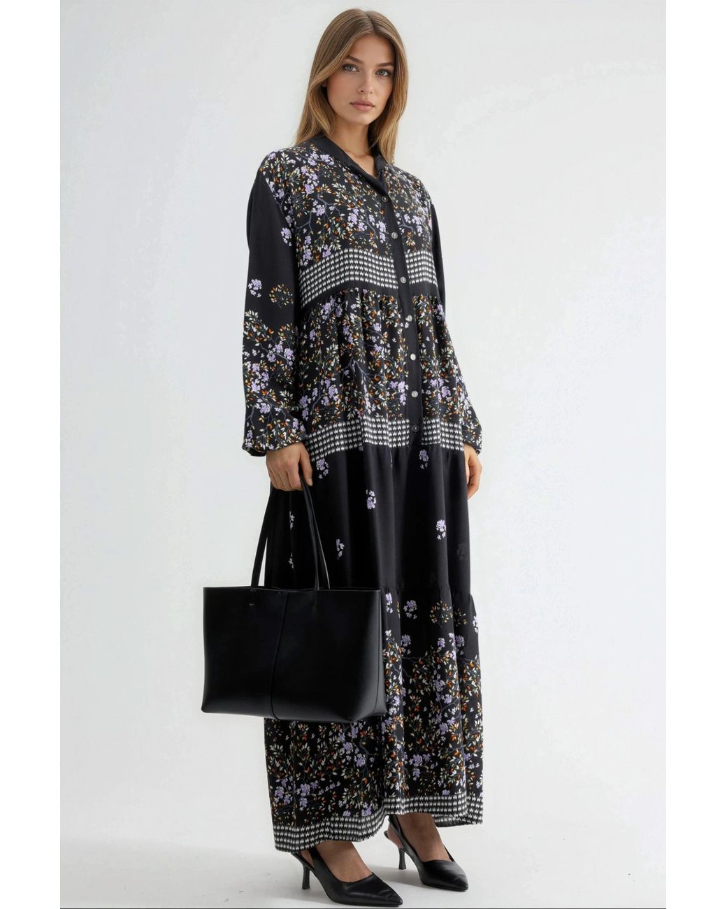 Hiccup Black Patterned V-Neck Maxi Dress With Button Closure