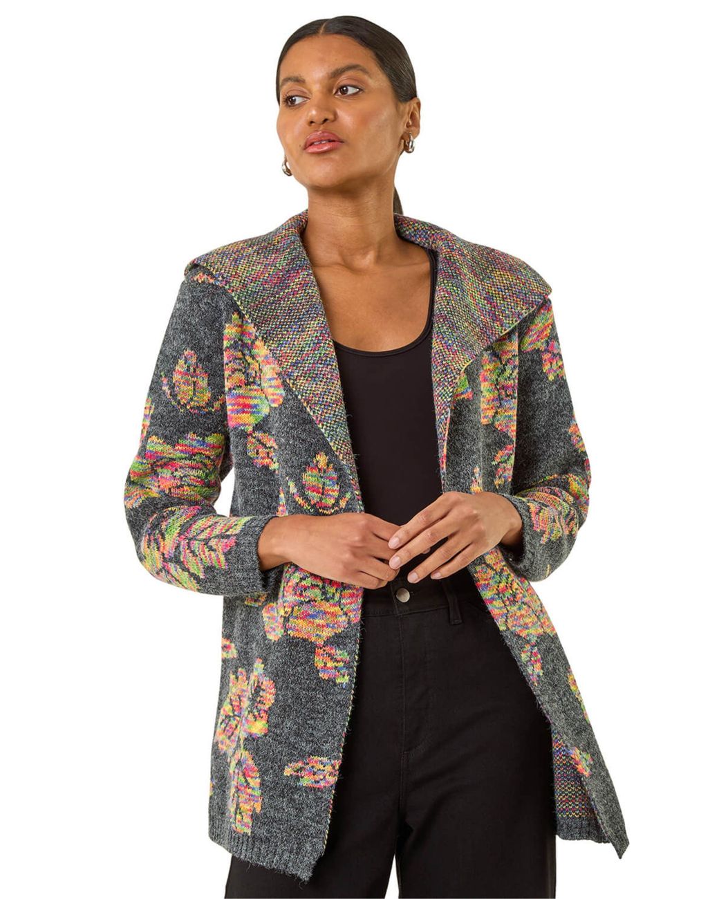 Roman Black Floral Jacquard Knit Cardigan