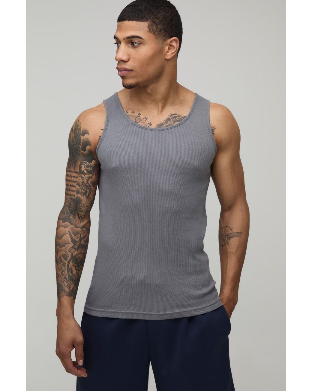 BoohooMAN Gray Basic Muscle Fit Ribbed Vest for men