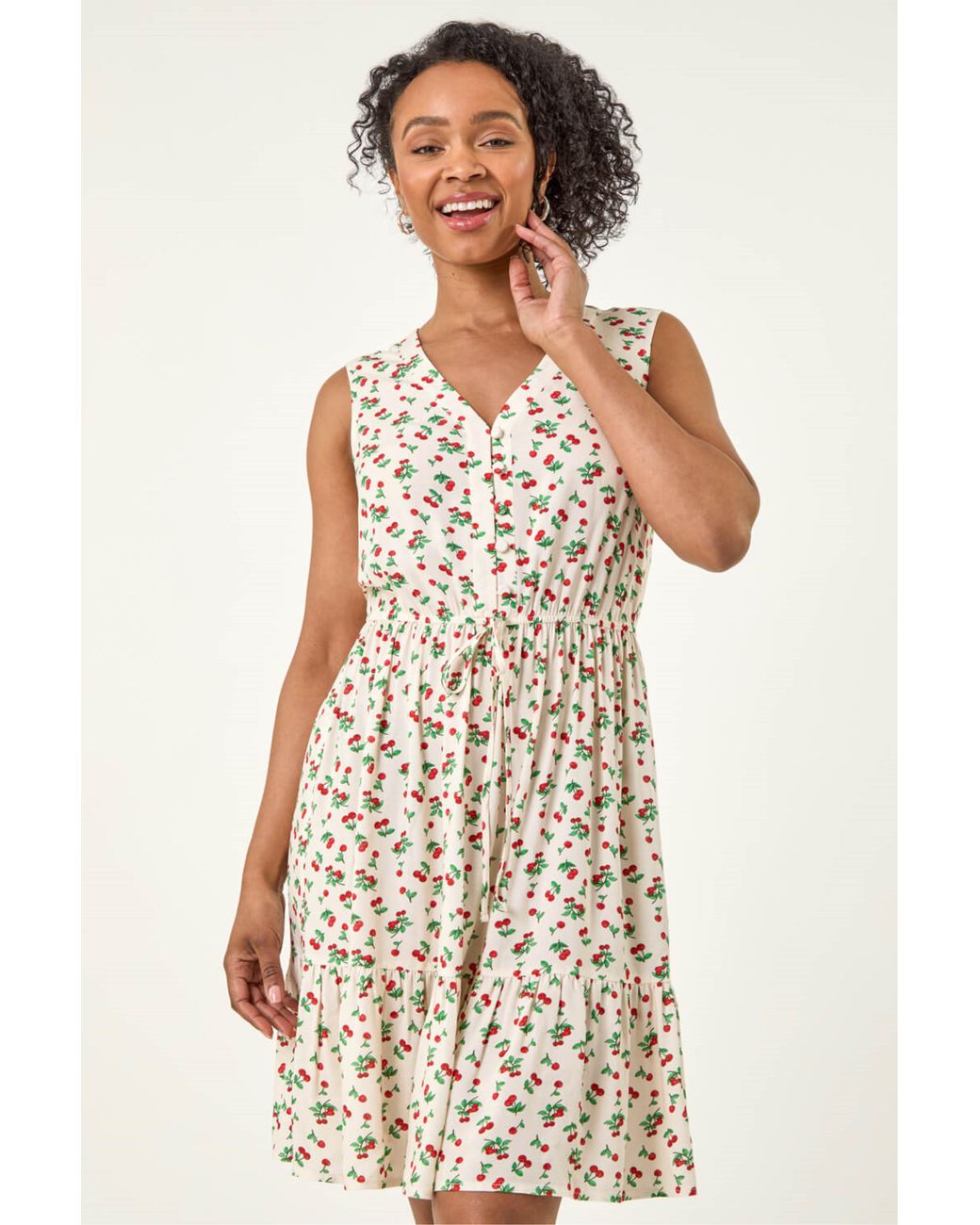 Roman White Petite Cherry Tie Waist Dress