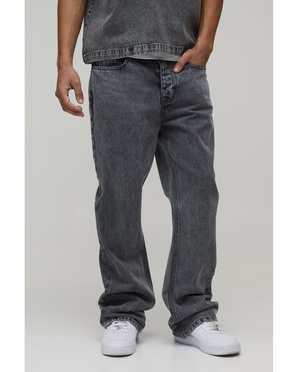 BoohooMAN Gray Straight Flared Washed Jeans With Let Down Hem for men