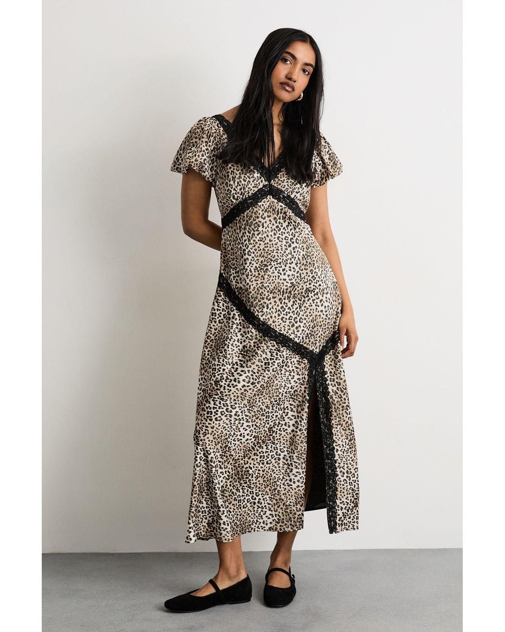 Warehouse Multicolor Polkadot Puff Sleeve Lace Trim Midi Dress With Split