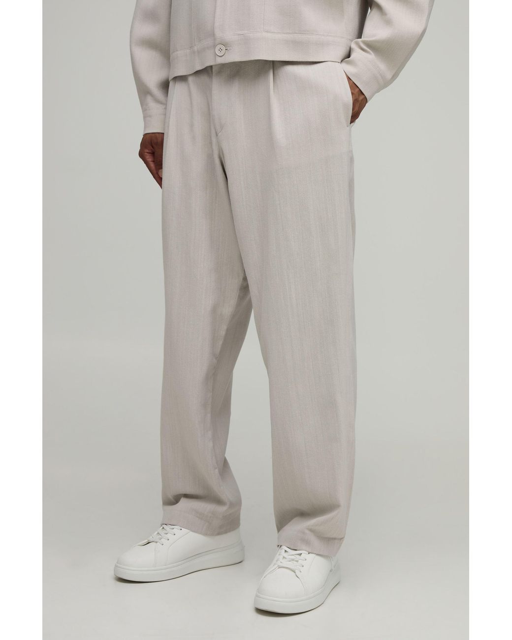 BoohooMAN Gray Tailored Pleat Front Relaxed Fit Linen Look Co-Ord Trousers for men