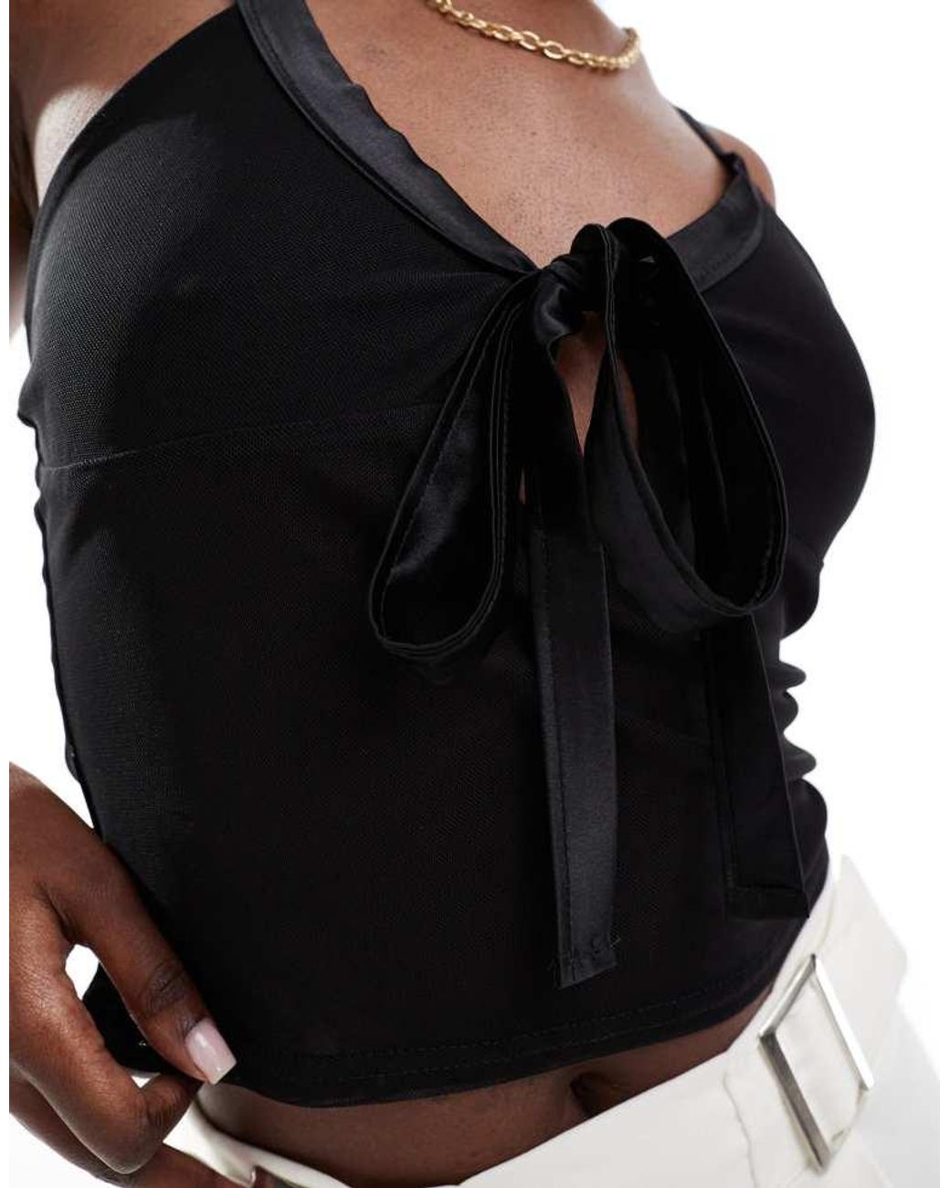 Kaiia White Exclusive Satin Trim Mesh Tie Front Cami Top