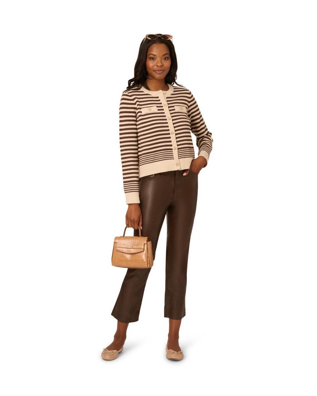 Adrianna Papell Brown Striped Pointelle Cardigan