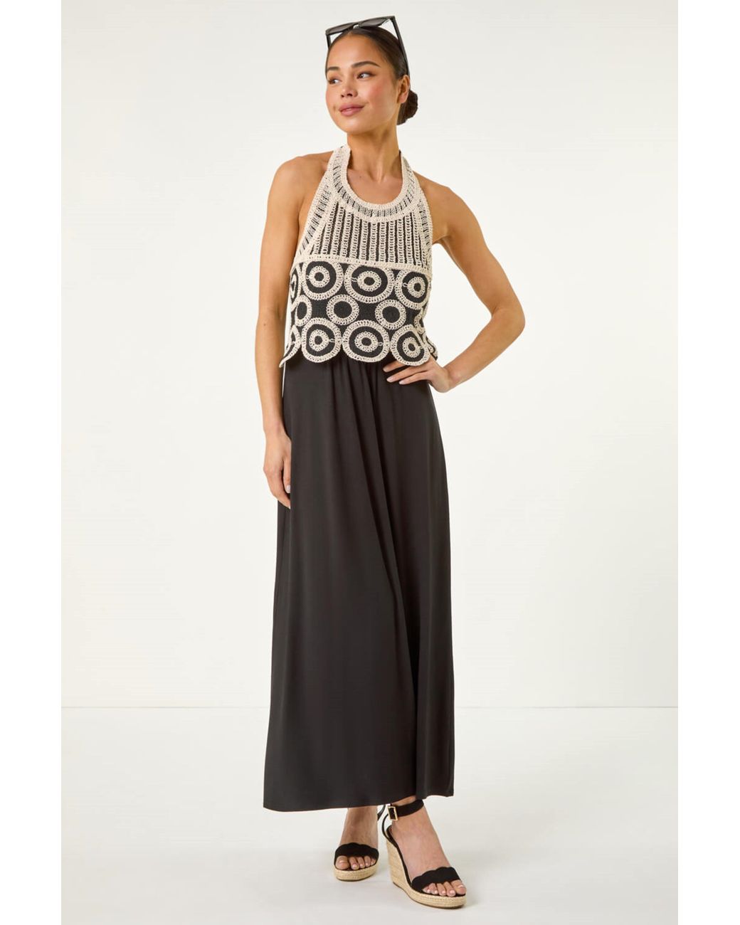 Roman Black Petite Crochet Contrast Maxi Dress