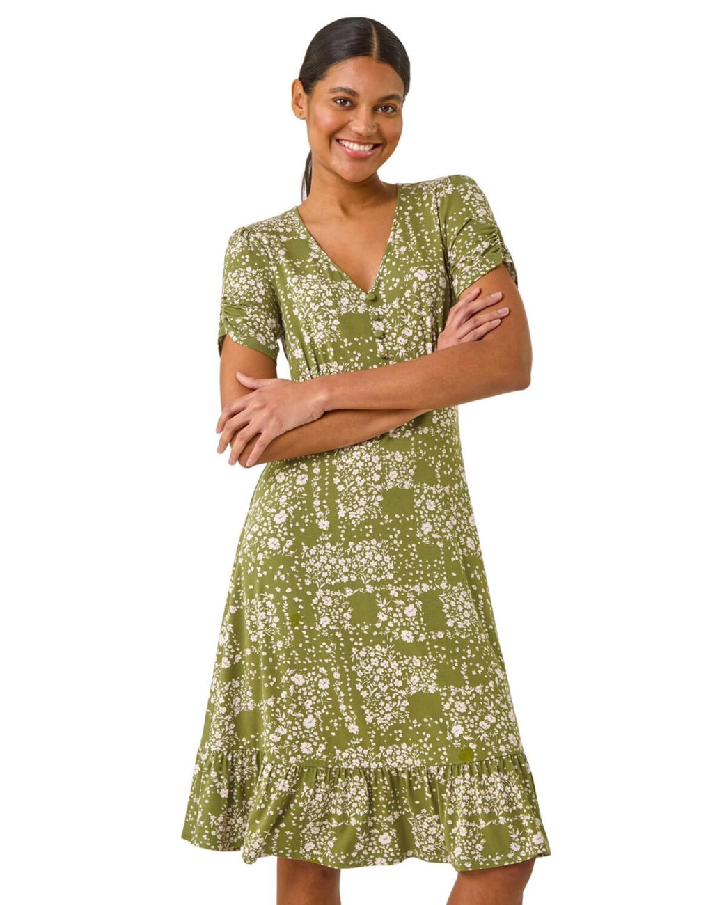 Roman Green Floral Print V-Neck Button Dress