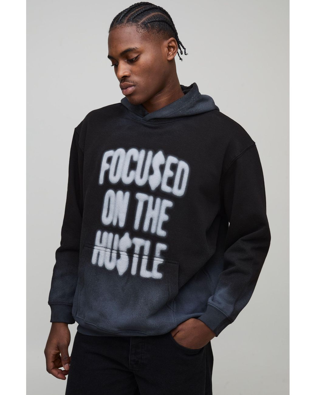 BoohooMAN Black Oversized Hustle Washed Seam Printed Hoodie Cotton for men
