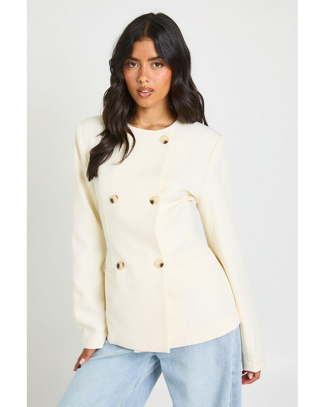 Boohoo Natural Crew Neck Double Breasted Blazer