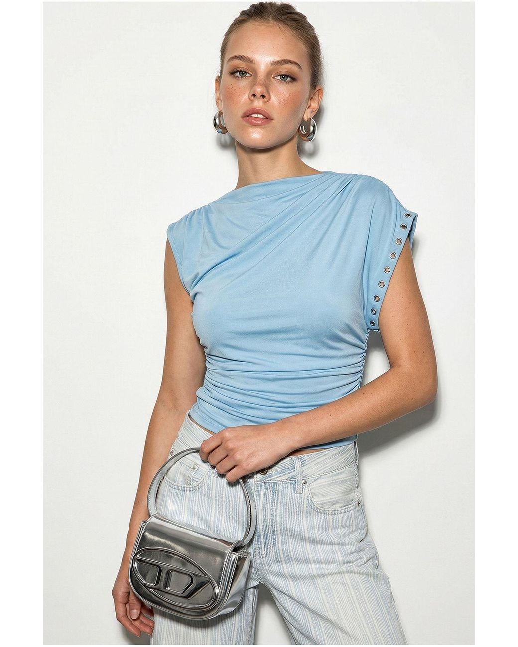 Bianco Lucci Blue Fitted Crop Boat-Neck Blouse