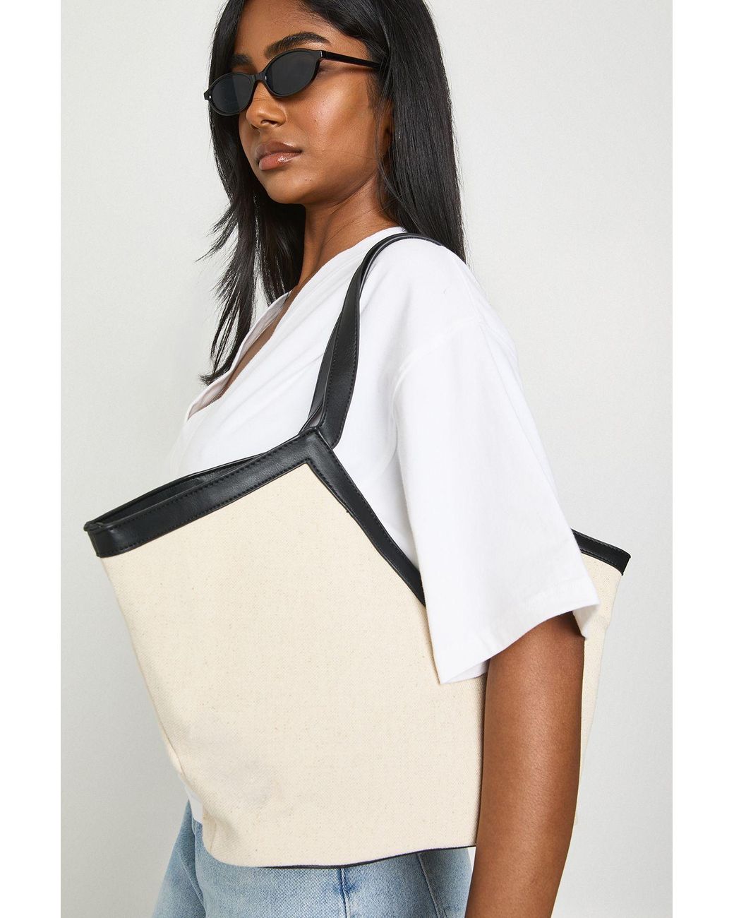 Boohoo White Linen Contrast Tote Bag With Internal Pouch