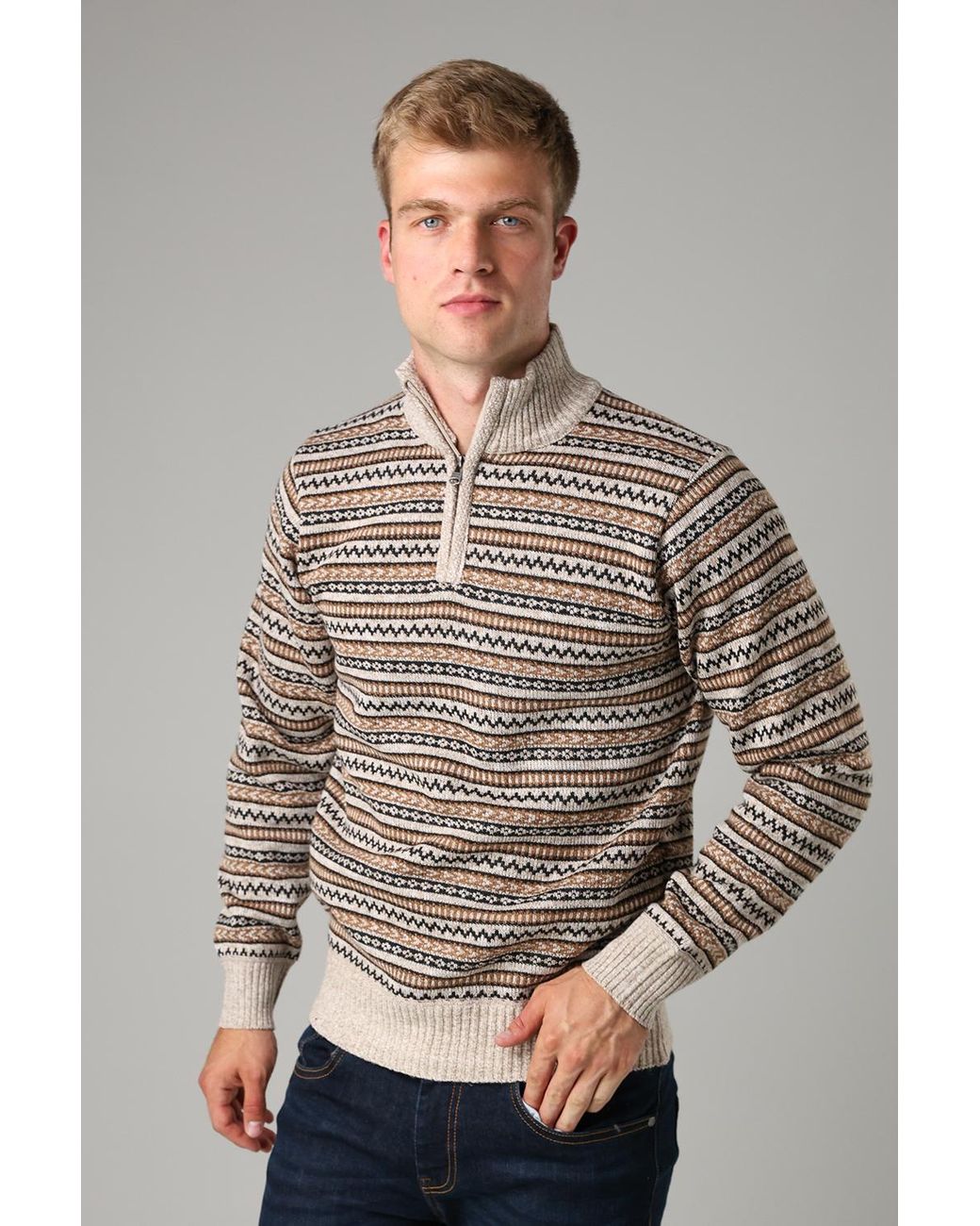 Kensington Eastside Gray Jacquard Quarter Zip Fleece Lined Jumper for men