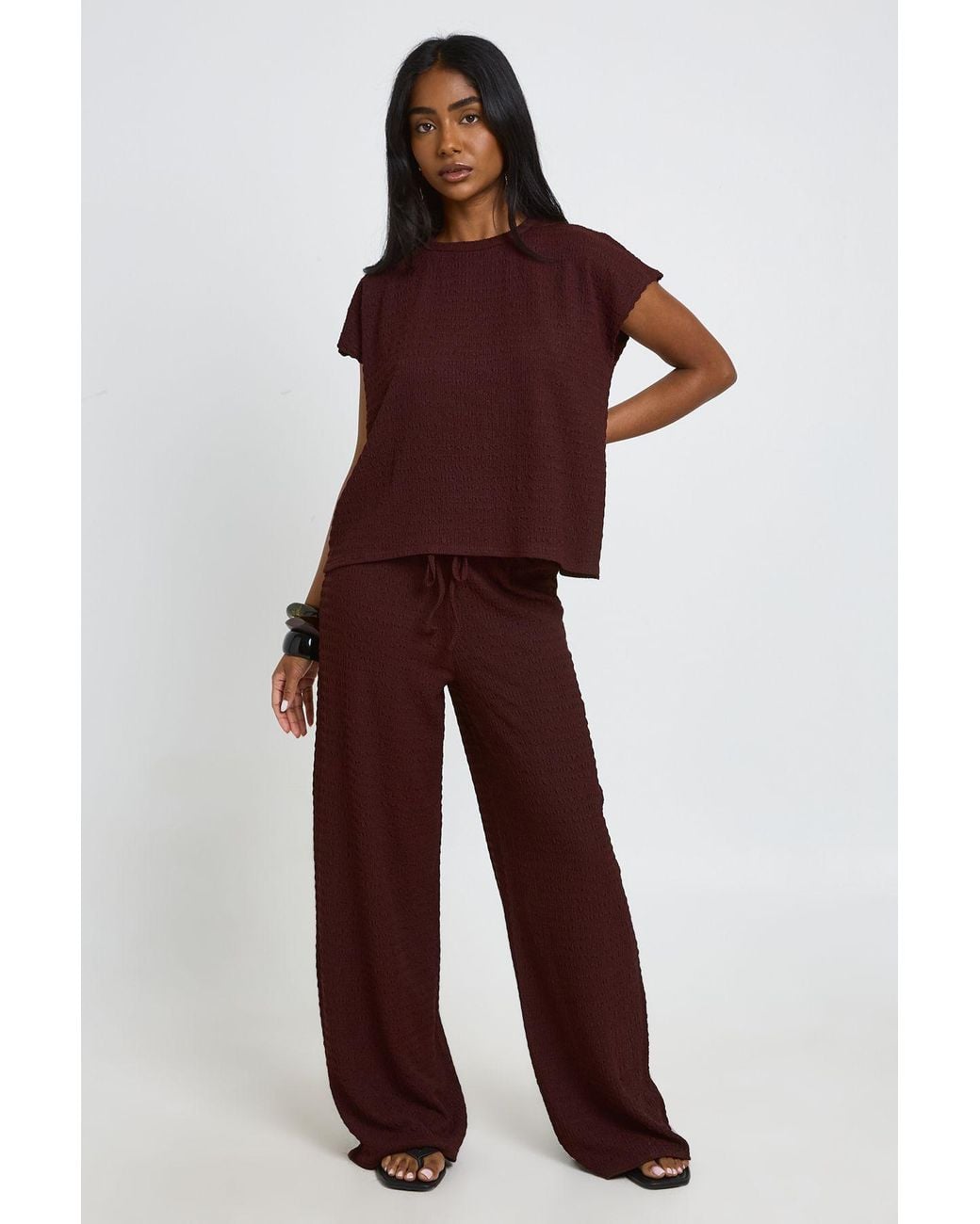 Boohoo Red Crinkle Cap Sleeve Top Wide Leg Trouser Co Ord