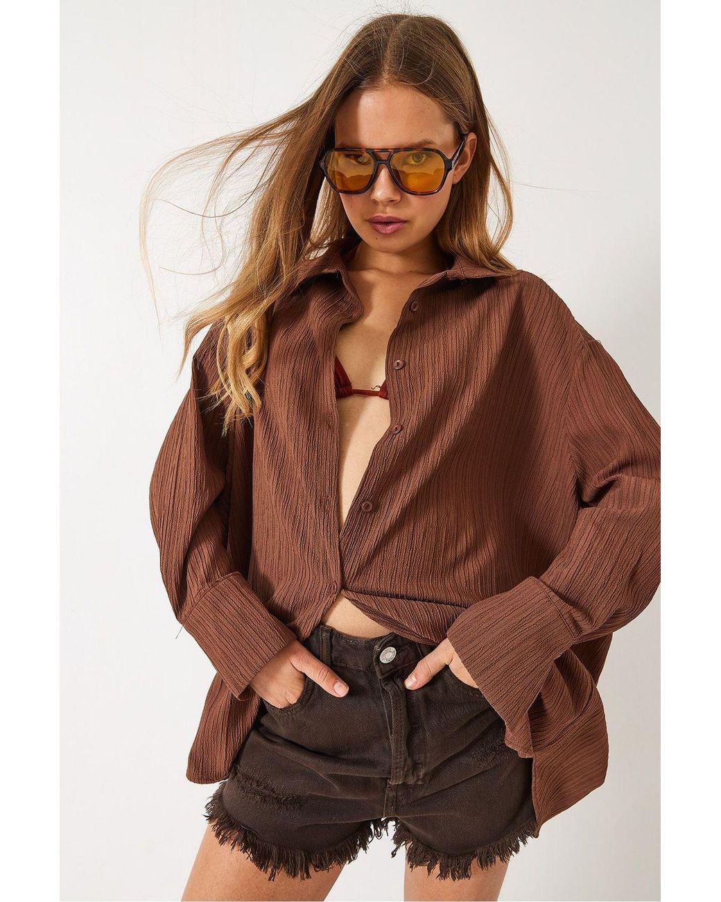 Bianco Lucci Brown Oversized Textured Shirt
