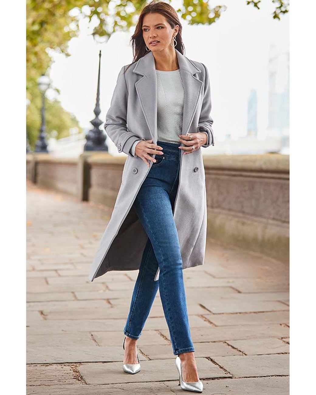 Sosandar Gray Double Breasted Tab Sleeve Coat