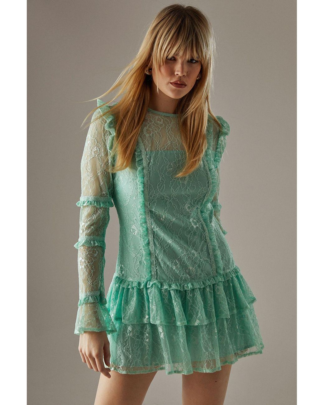 Warehouse Lace Ruffle Insert Mini Dress in Green | Lyst UK