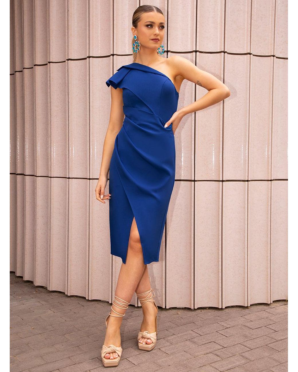 Chi Chi London Blue One-Shoulder Wrap Detail Midi Dress