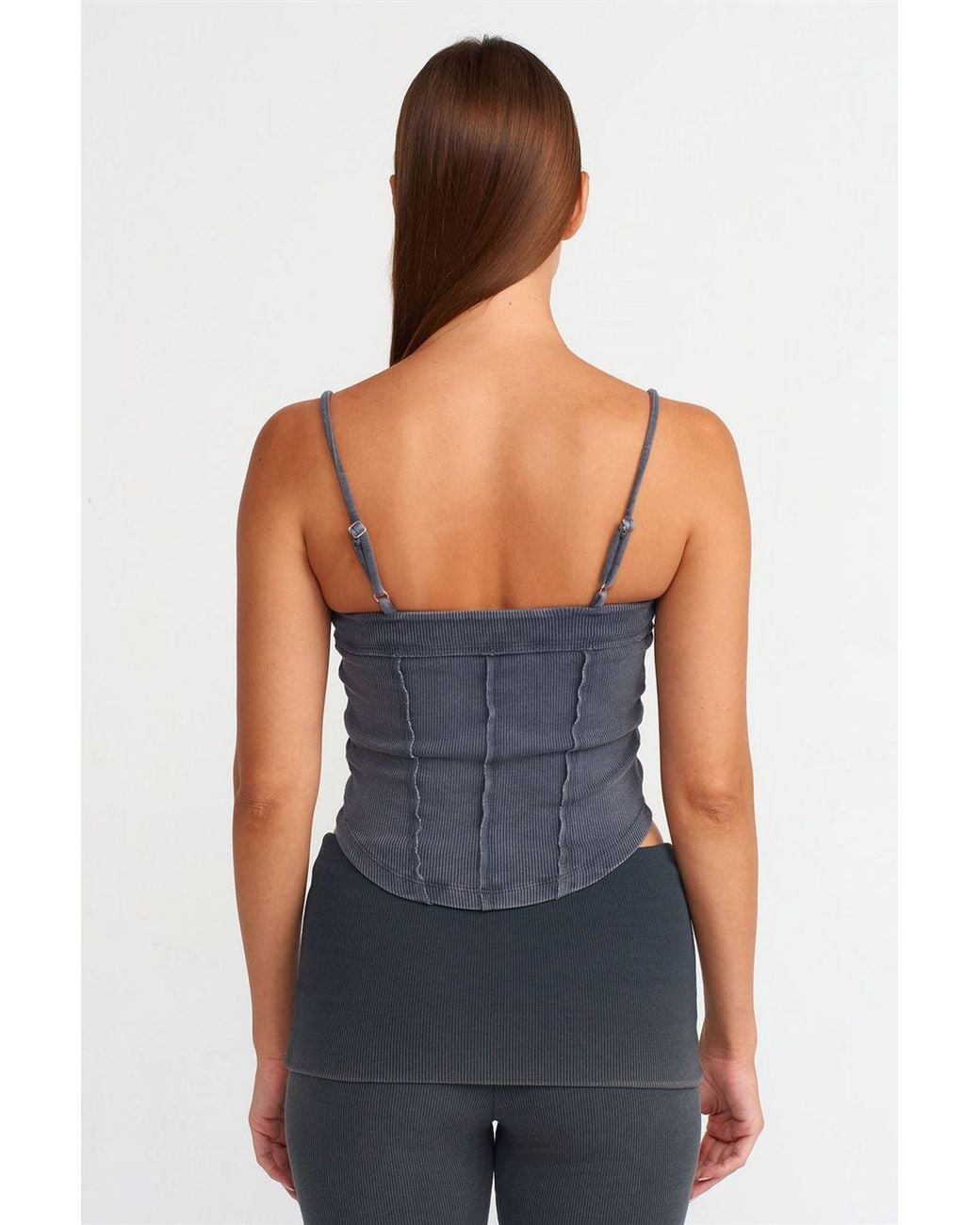 Dilvin Blue Ribbed Square-Neck Crop Top