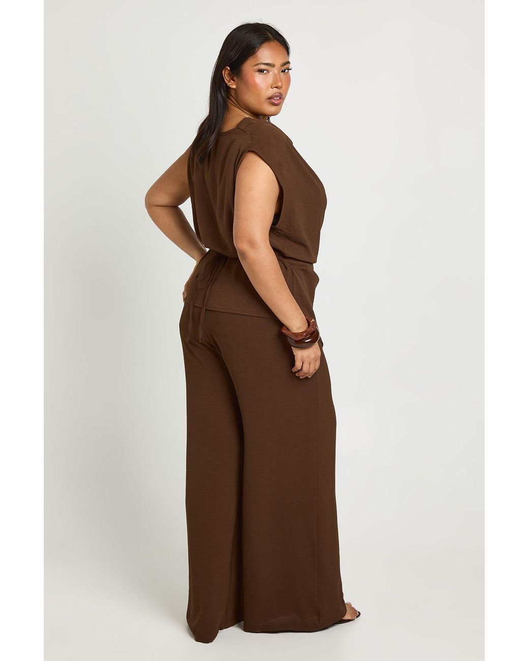 Boohoo Brown Plus Cowl Neck Trim Detail Top Cinched Back & Wide Leg Trouser Co Ord