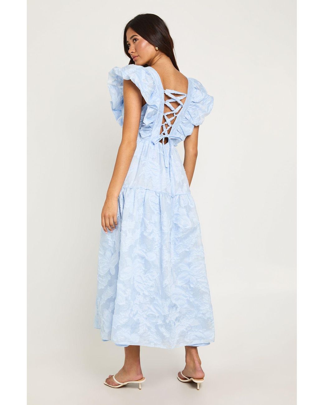 Boohoo White Burnout Lace Up Detail Ruffle Hem Midaxi Dress