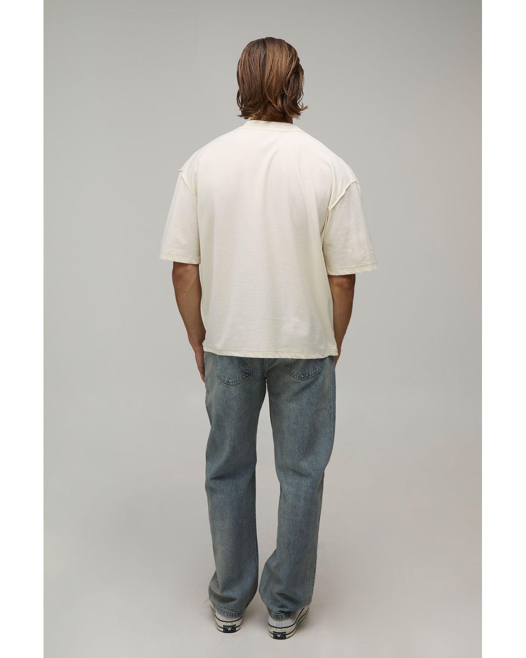 BoohooMAN Natural Oversized Boxy Exposed Seam New Jersey Print T-Shirt Cotton for men