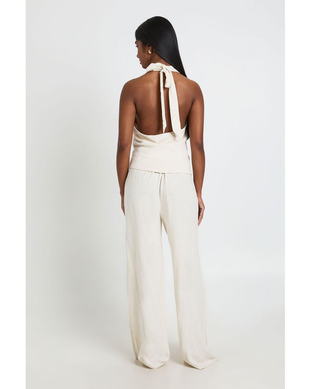 Boohoo White Halterneck Linen Look Knot Front Wide Leg Jumpsuit