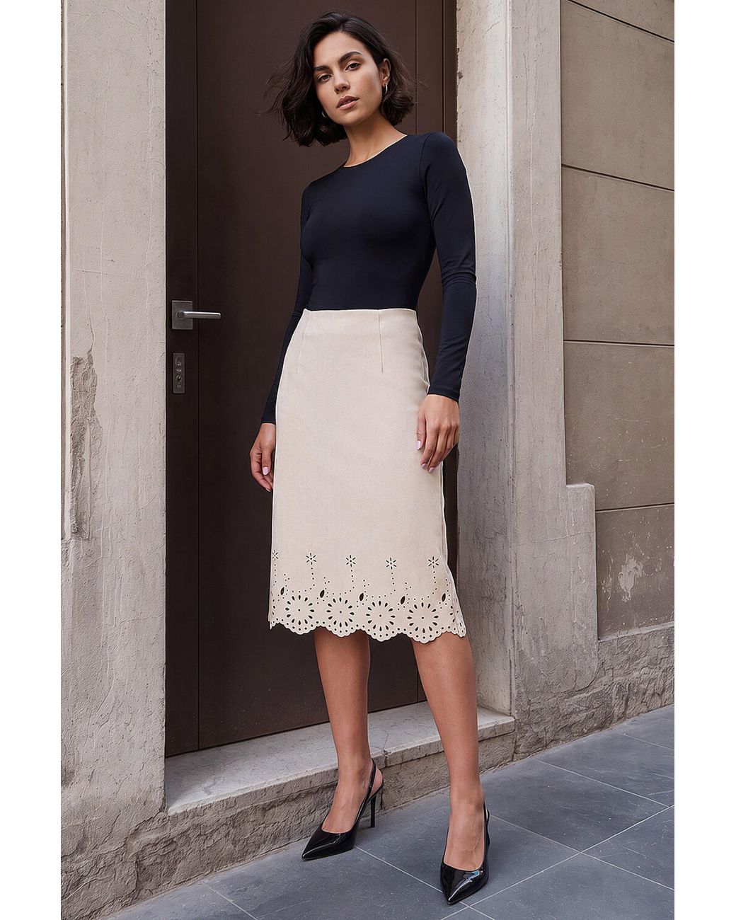 Roman Natural Faux Suede Laser Cut Pencil Skirt