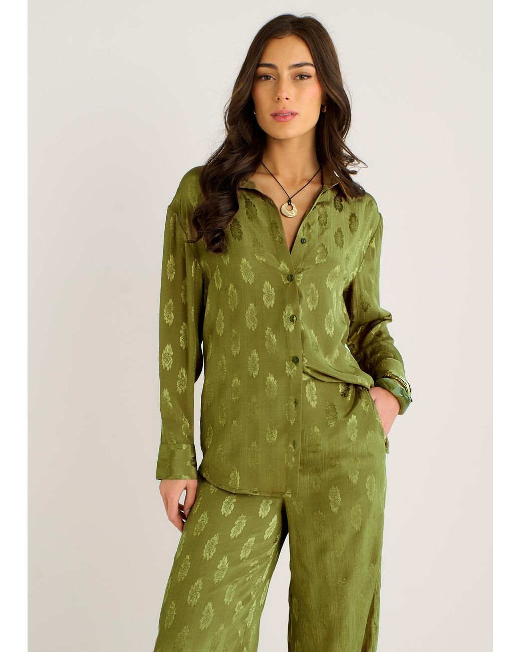Gini London Green Floral Satin Jacquard Shirt