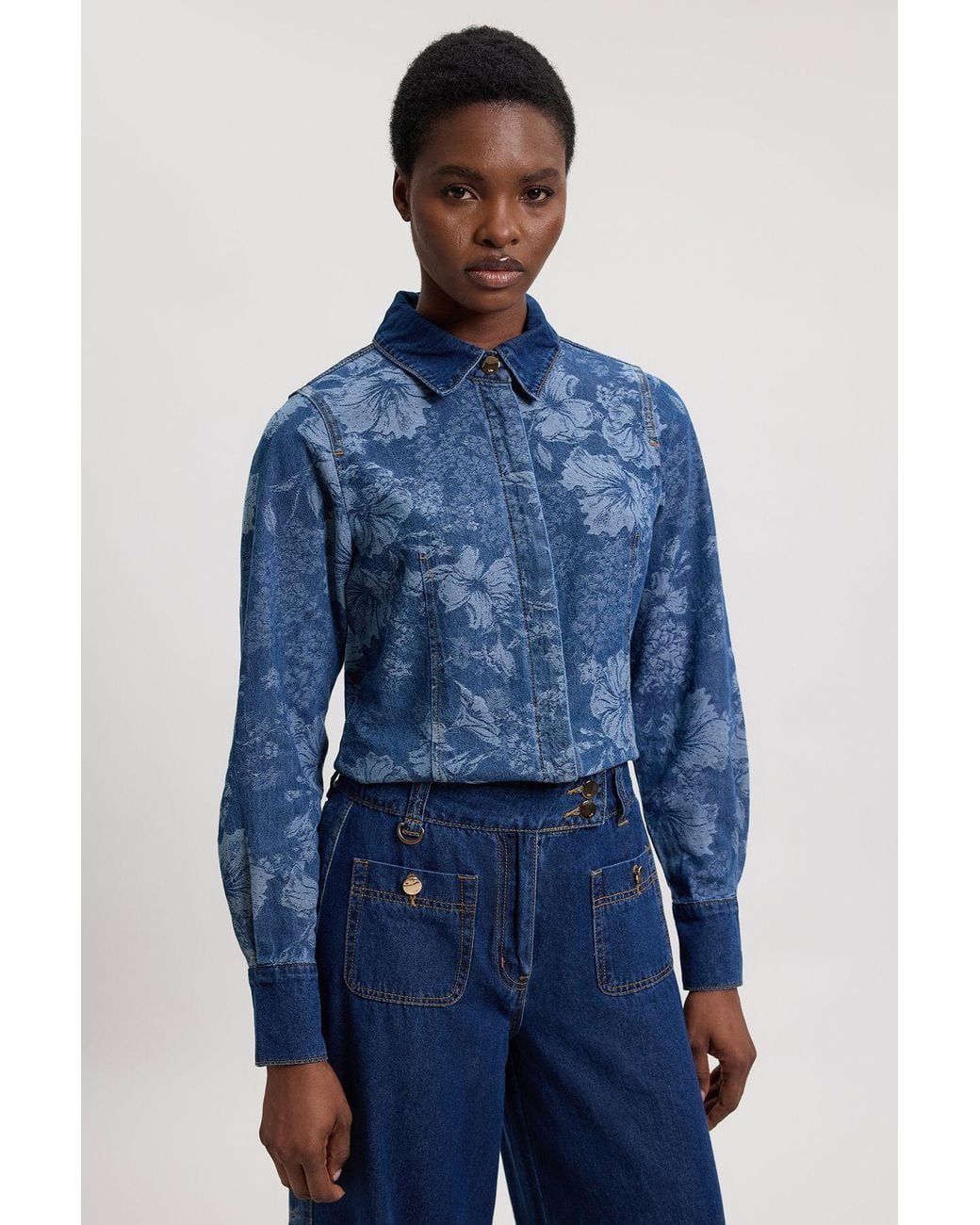 Karen Millen Blue Denim & Jacquard Contrast Wide Leg Jean