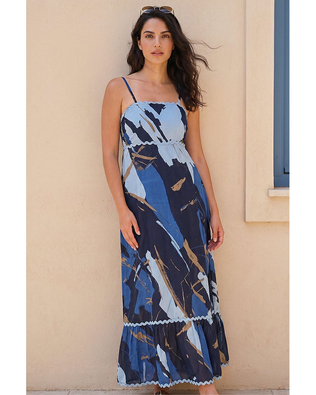D.u.s.k Blue Abstract Ric Rac Maxi Dress