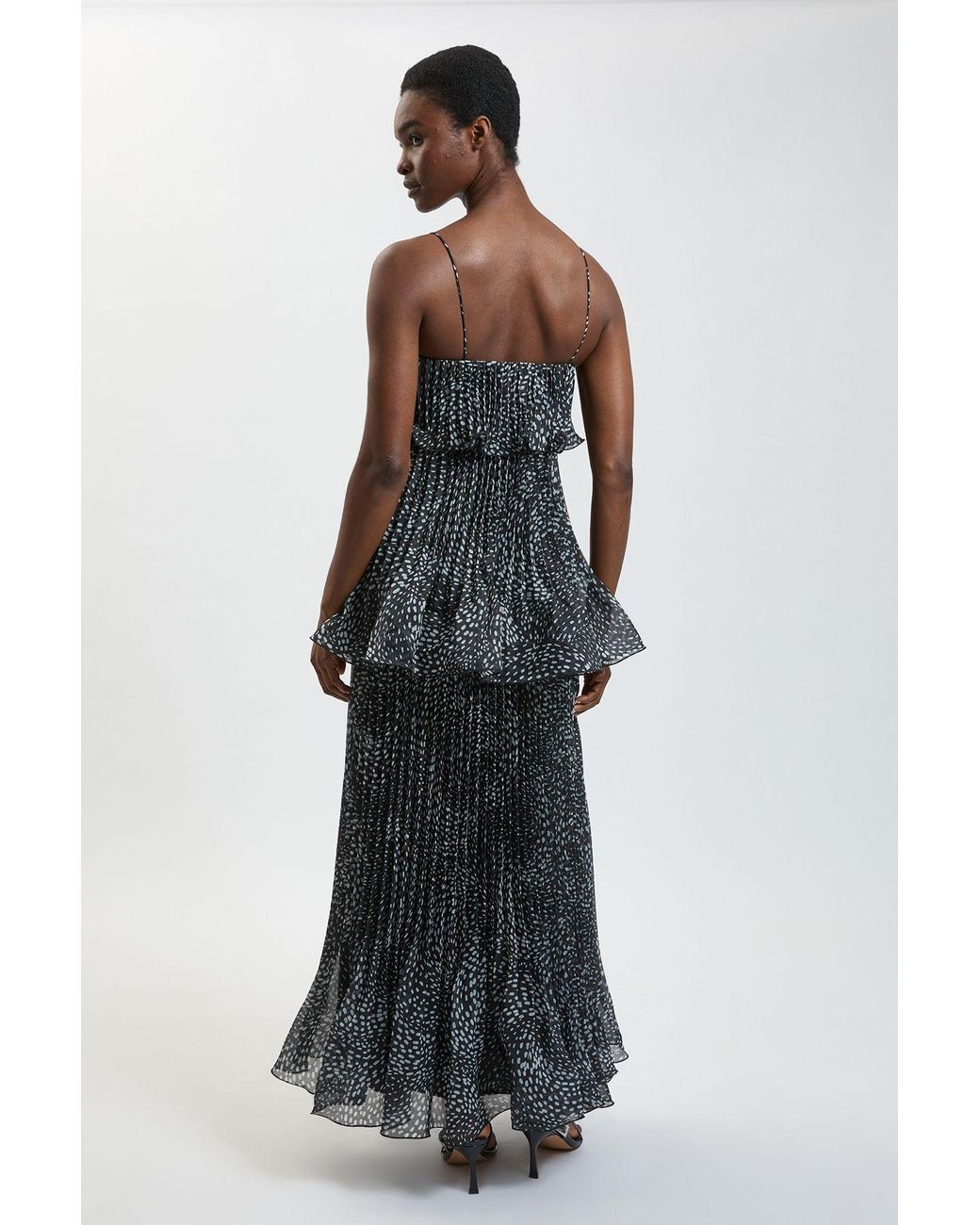 Karen Millen Black Spot Print Pleated Slub Organdie Peplum Woven Maxi Dress