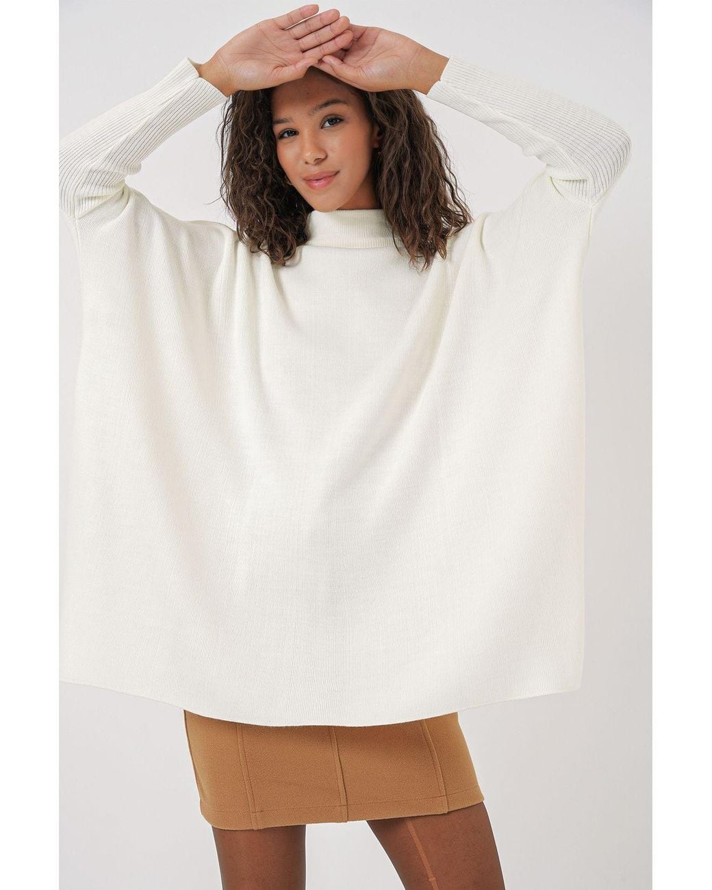 Bigdart White Slit Detailed Half Turtleneck Loose Sweater