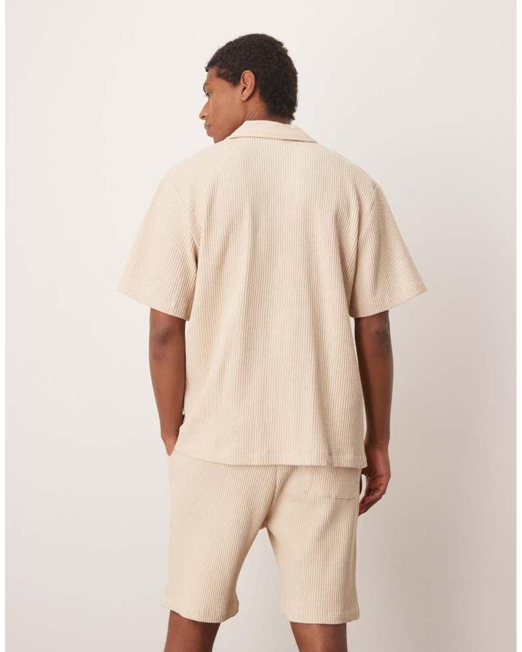 SELECTED Brown Co-Ord Revere Collar Waffle Shirt for men